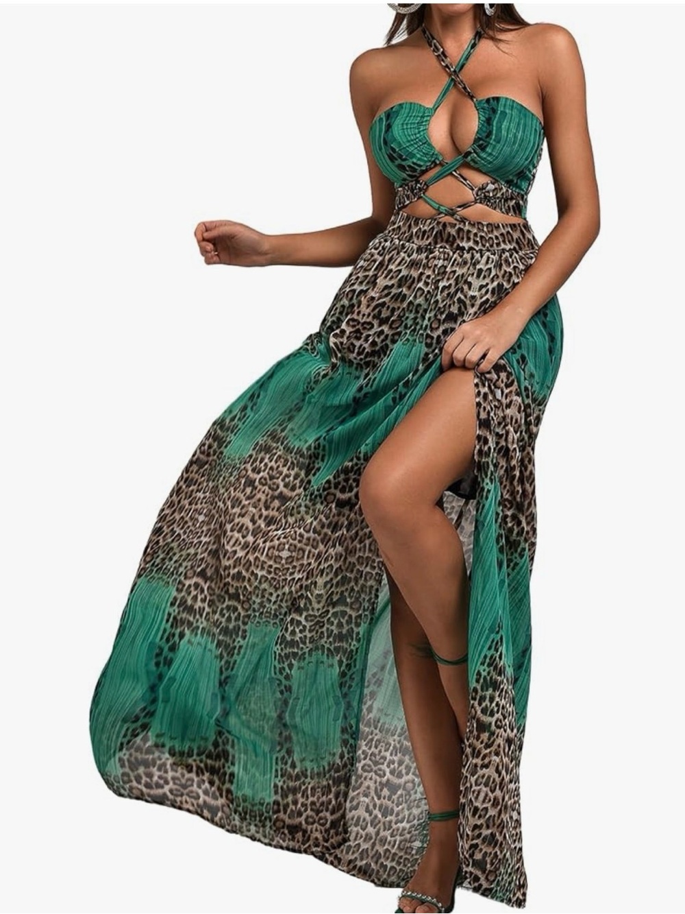 Bella Barnett Green Leopard-Print Halter Maxi Dress with Cris cross cut outs